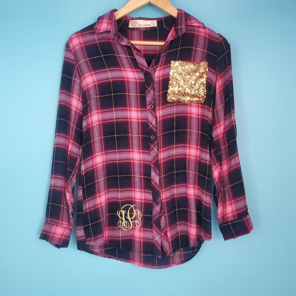 E2 Clothing Long Sleeve Top Size Small Plaid Sequin